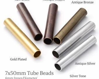 7x50mm Long Tube Beads 6mm Hole | Brass Spacer Tubes | Raw Brass Gold Plated Antique Silver Bronze Copper | Jewelry Making Findings 1846