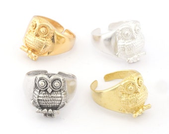 Owl Bird Animal Adjustable Ring Raw Brass  - Antique silver - Shiny silver - Shiny gold Plated  (10US - 13US inner size) 4736