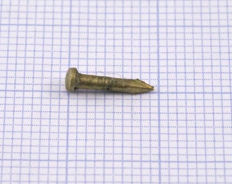 May include: A small, brass-colored nail with a rounded head and a pointed tip.