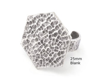 Hexagonal Hammered Adjustable Ring Blank - Antique Silver Plated Brass (25mm Blank ) 4952