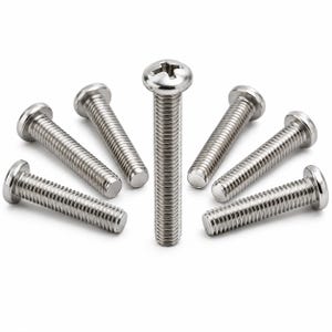 May include: A collection of seven silver-coloured metal machine screws with rounded heads and Phillips drive slots. The screws feature uniform threading along the cylindrical shafts and are arranged in a semi-circular pattern on a white background.