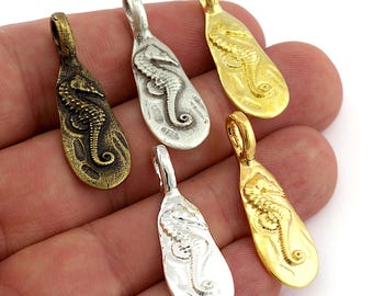 Seahorse Charm, Nautical Brass Pendant (34x12mm) -3098