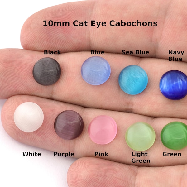 Round Glass Cat Eye Cabochon 10 mm Flat Back Black, Blue, White, Purple, Pink, Green  CAB39