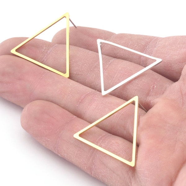 Triangle Earring Stud Posts, Raw, Shiny Silver, Gold plated brass , 25mm  S236