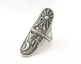 Sun Moon Cactus Bird Adjustable Ring 45mm Antique Silver Plated brass (18mm 8US inner size) OZ3911