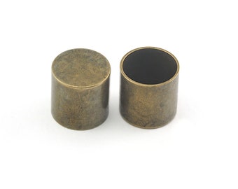 Extremos de cordón de latón amarillo antiguo, tapas de cuero (14 x 14 mm, orificio de 12,7 mm) - ENC13 2500