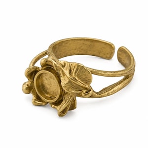 Anillo redondo en bruto de 6 mm, base de anillo ajustable de latón con forma de flor, latón natural, oro, plata, bronce plateado antiguo, anillo ajustable de EE. UU. 7-10 -4638