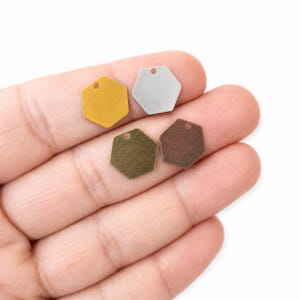 12mm Hexagon Blank Tag, 0.5mm Thick, 1.5mm Hole, Raw Brass, Antique Copper, Antique Silver, Antique Brass, Minimal Charm for Jewelry -802