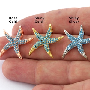 Starfish Star Pendant Micro Pave  Rose Gold, Shiny Silver, Shiny Gold plated Brass blue rhinestone crystals 2068