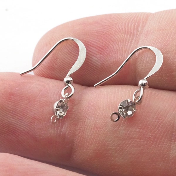 Earring Wire Earring Hooks with Crystal and Loop (2mm inner) Silver Tone (Nickel Free) brass  21mm 2363