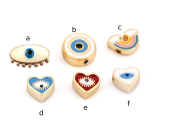 Coeur oeil arc-en-ciel rond coloré émail perles breloques (émail des deux côtés remplis) ton or 4943
