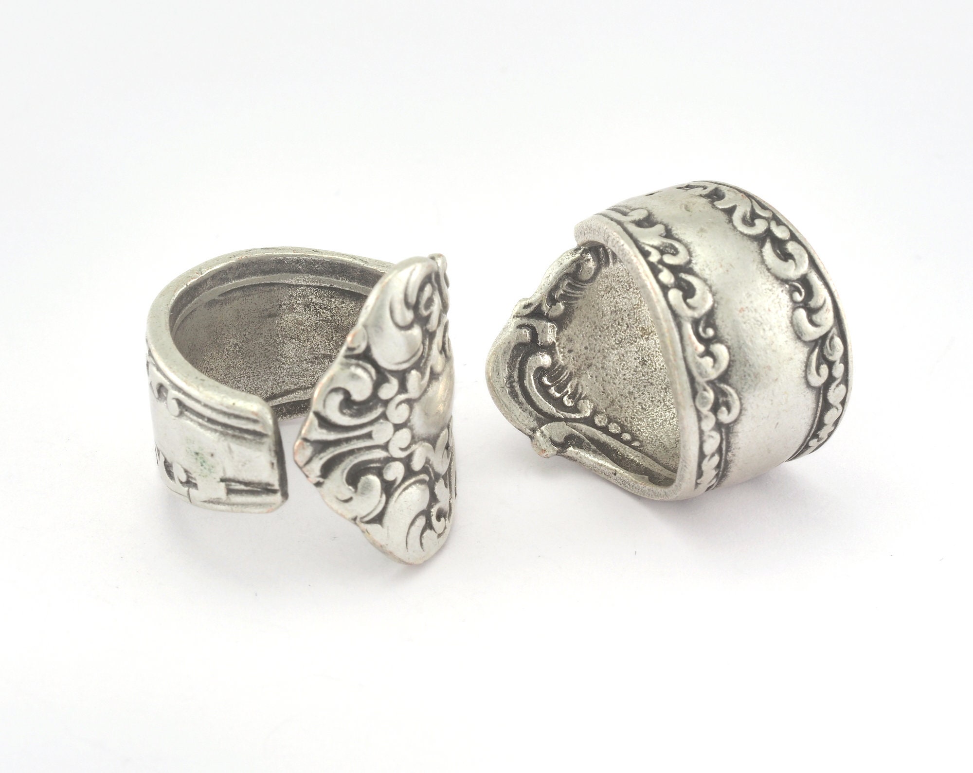 Spoon Ring Flower Patterned Adjustable Ring Antique Silver Plated Brass 2692