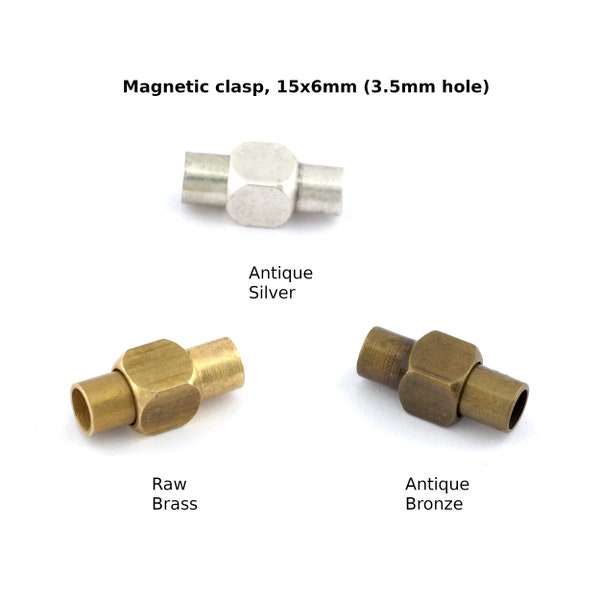 Magnetic clasp leather cord tips 15x6mm Raw brass, Antique Silver, Antique brass 3,5mm connector MCL3 1490