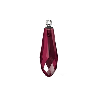 May include: A deep red crystal teardrop pendant with a silver loop at the top.