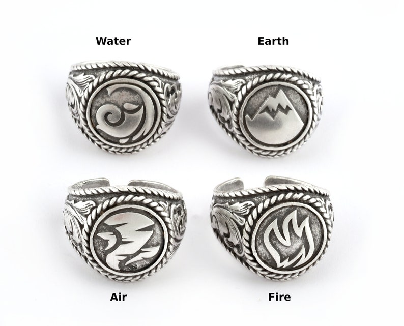 Four Elements Fire - Water - Earth - Air Rings, Antique Silver Plated ...