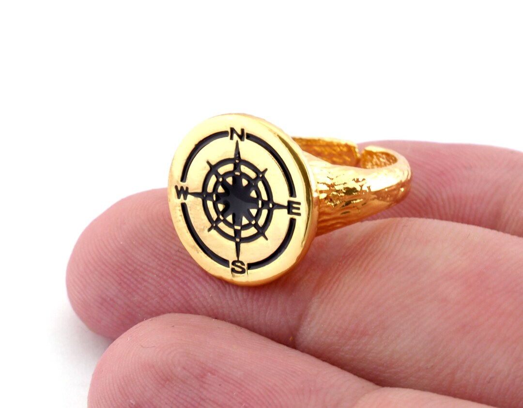 Enamel Compass Ring – Shiny Gold Plated Adjustable Brass -4909 - Etsy