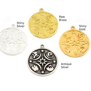 Elements Symbol Charms, Pendant Round Raw, Shiny, Antique Silver , Gold Plated  Brass 26x22mm OZ5402