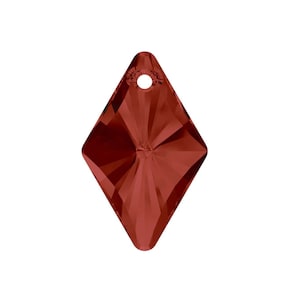 May include: A red diamond-shaped crystal pendant with a hole at the top for hanging.