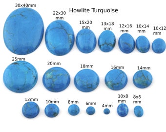 May include: Assortment of Howlite Turquoise cabochons in various sizes, ranging from 4 mm to 30 mm. The cabochons are a light blue colour with white veining.