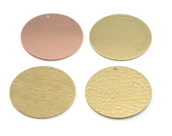 Encantos redondos planos de disco (latón crudo, cepillado, martillado, cobre crudo, acero inoxidable) 30 mm (0,8 mm de espesor) 1 agujero etiqueta hallazgos en blanco S23-465