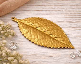 Raw Brass Leaf Pendant 60x30mm, Large Botanical Charm, Unplated Brass Finding, DIY Necklace 809R