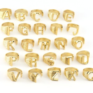 Anillo de sello con inicial de letra ajustable de latón chapado en oro brillante Raf9