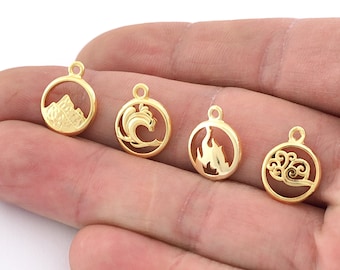 Small Charms Four Elements Water, Fire, Earth, Air Symbols Pendant Shiny Gold Plated Brass (14x12mm)  5345-46-47-48