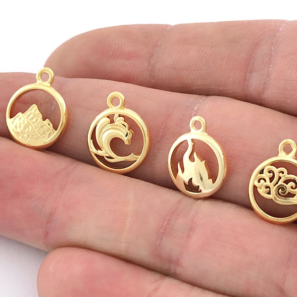 Small Charms Four Elements Water, Fire, Earth, Air Symbols Pendant Shiny Gold Plated Brass (14x12mm)  5345-46-47-48