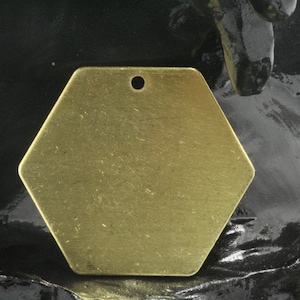 May include: A gold-toned hexagonal metal charm with a hole at the top for attaching to a necklace or bracelet.