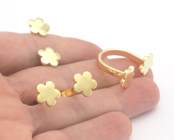 4179 6US and 8US size Flower Adjustable Ring Hammered Shiny Gold Plated Brass 