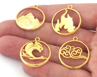 Four Elements Earth, Air, Water, Fire Symbols Charms Pendant Shiny Gold Plated Brass (27x24mm)  4900