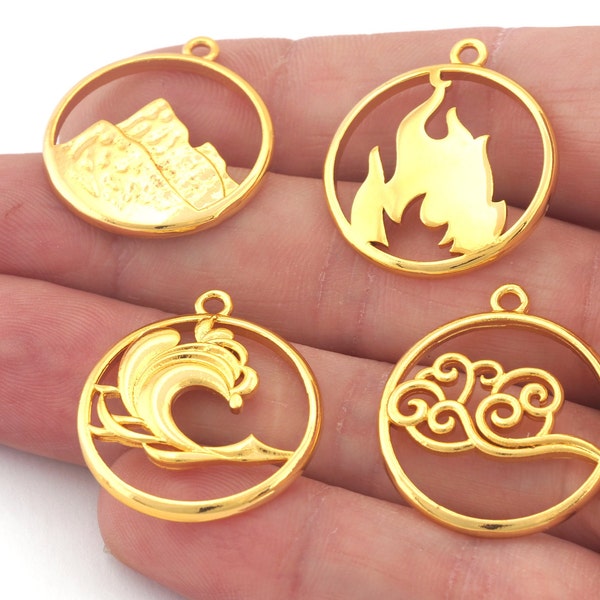 Four Elements Earth, Air, Water, Fire Symbols Charms Pendant Shiny Gold Plated Brass (27x24mm)  4900