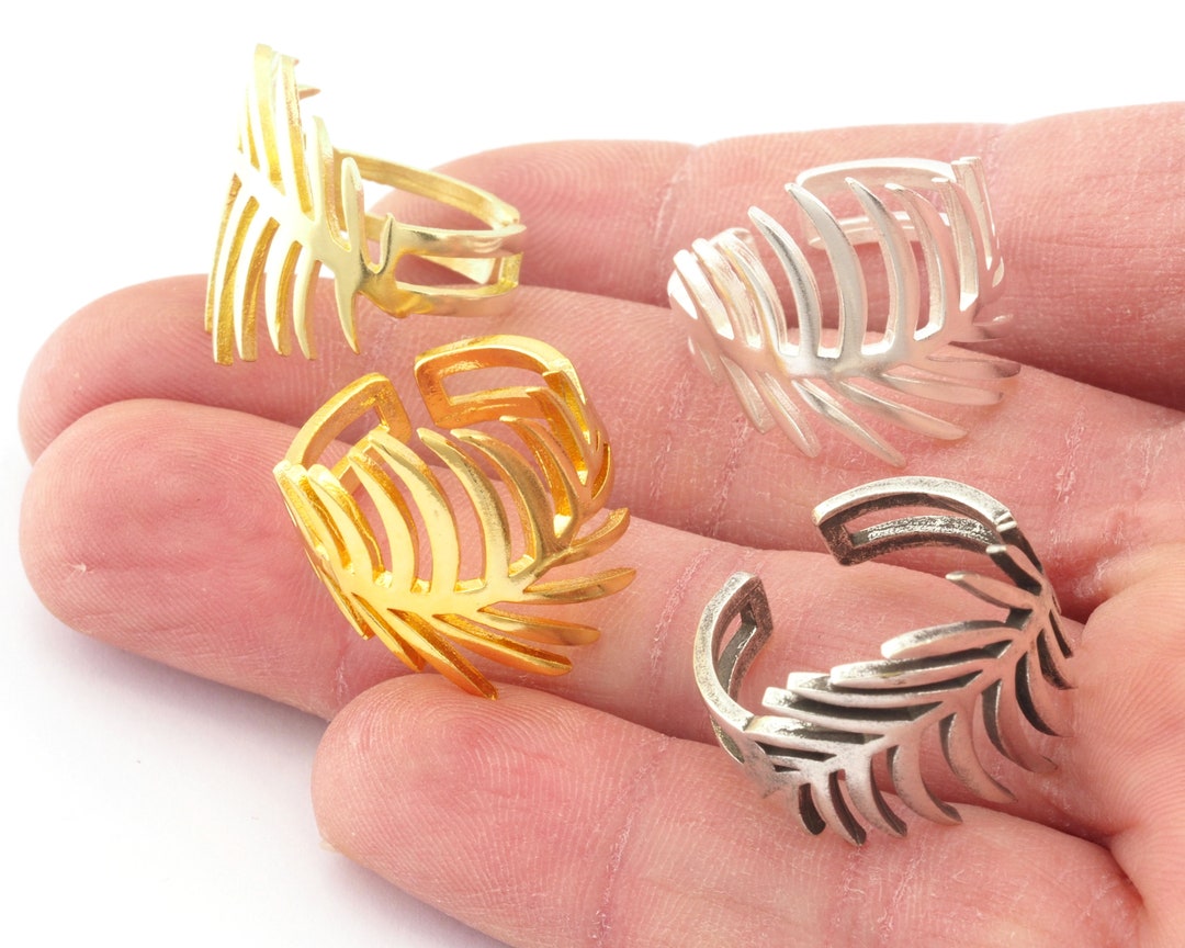 Palm Leaf Adjustable Ring Raw Brass Antique Silver Shiny Silver Shiny