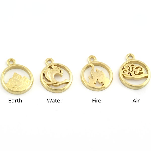 Small Charms Four Elements Water, Fire, Earth, Air Symbols Pendant Raw Brass (14x12mm)  5345-46-47-48