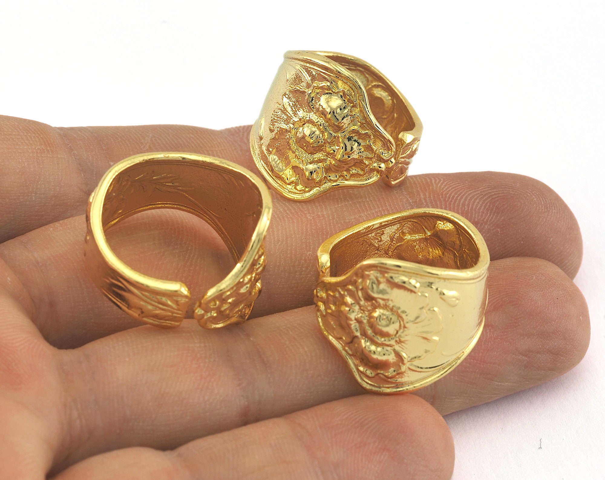 Spoon Ring Flower Patterned Adjustable Ring Gold plated brass | Etsy