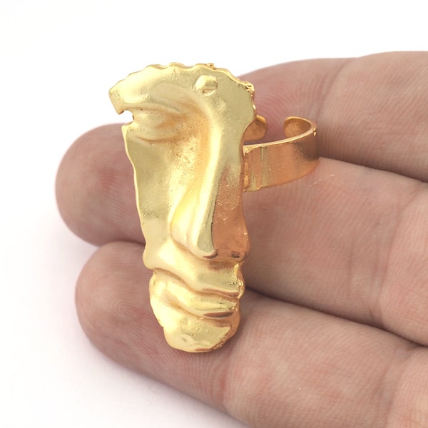 Face Ethnic Ring Adjustable Shiny gold plated brass (18mm 8US inner size) 5231 42mm