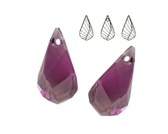 May include: Two purple crystal teardrop pendants with a hole at the top for hanging.
