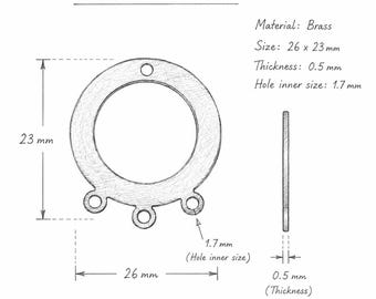 Charm conector redondo de latón sin tratar de 26 x 23 mm, accesorio para pendientes de araña de 3 argollas, componente de joyería de latón, agujeros de 1,7 mm 2616