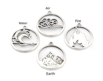 Four Elements Earth, Air, Water, Fire Symbols Charms Pendant Antique Silver Plated Brass (27x24mm)  4900