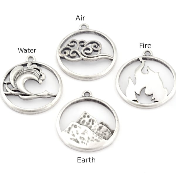 Four Elements Earth, Air, Water, Fire Symbols Charms Pendant Antique Silver Plated Brass (27x24mm)  4900