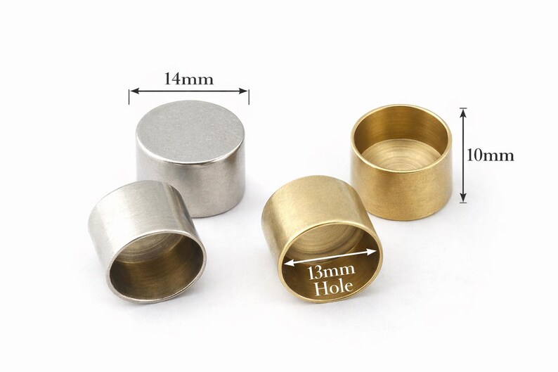 Antique silver and raw brass cord end caps 14x10mm with 13mm inner hole size measurement diagram jewelry making supplies