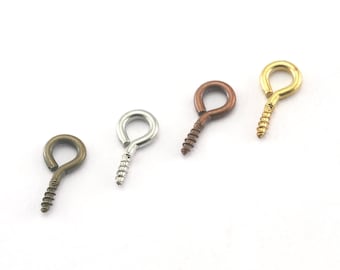 Brass Eye Screw 10x4mm Small Screw Eye Pin, Jewelry Findings Hook, Raw Brass Gold Silver Copper Bronze, 2.5mm Loop -3890