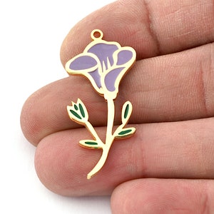 Birth Monthly Flower (September Morning Glory) Charms Pendant Brass , Shiny gold plated - enamel filled 38x18mm 5266