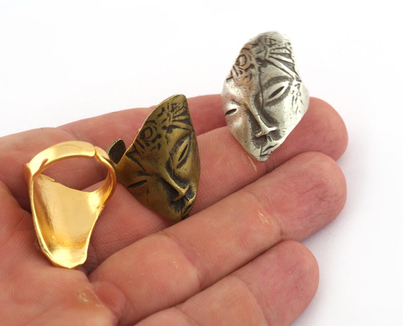 Bague visage mythologique - Laiton brut, argent vieilli, plaqué or -3697 image 2