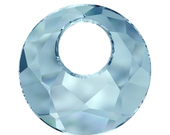 May include: A light blue faceted crystal bead with a large hole in the center. The bead is round and has a smooth, polished surface.