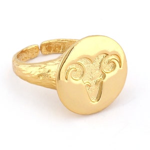 Ram Ring Aries Ring Horoscope Bark Textured Band Round Adjustable Ring Shiny gold plated brass (5 - 8.5US inner size) OZ4864