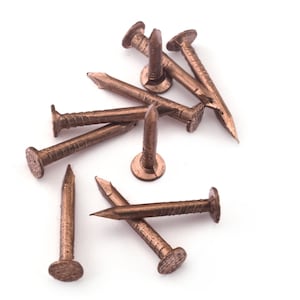 May include: A group of copper-colored nails with a flat head and a pointed tip. The nails are arranged in a random pattern on a white background.