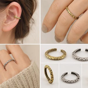 Adjustable Ear Cuff Ring 4.5 US Size, Antique Silver or Raw Brass, Textured Open Band Ring, Rustic Minimalist Jewelry Finding 2680 image 5