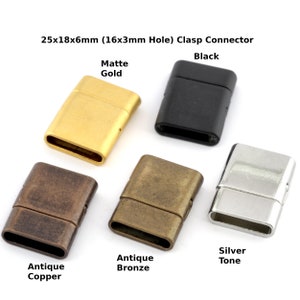 May include: Five clasp connectors in different finishes: matte gold, black, antique copper, antique bronze, and silver tone. Each connector measures 25mm x 18mm x 6mm with a 16mm x 3mm hole.