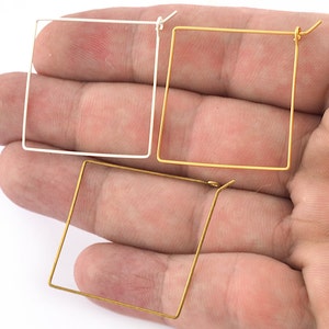 Square Wire Earring Hoops Raw brass, Shiny Silver, Shiny Gold Plated 32mm  3505